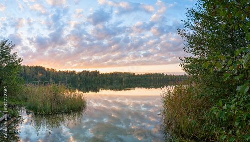Svetloyar Lake with bush in foreground and forest along bank reflecting in calm water at sunset. Vladimirskoe village, Nizhegorodsky region, Russia. 