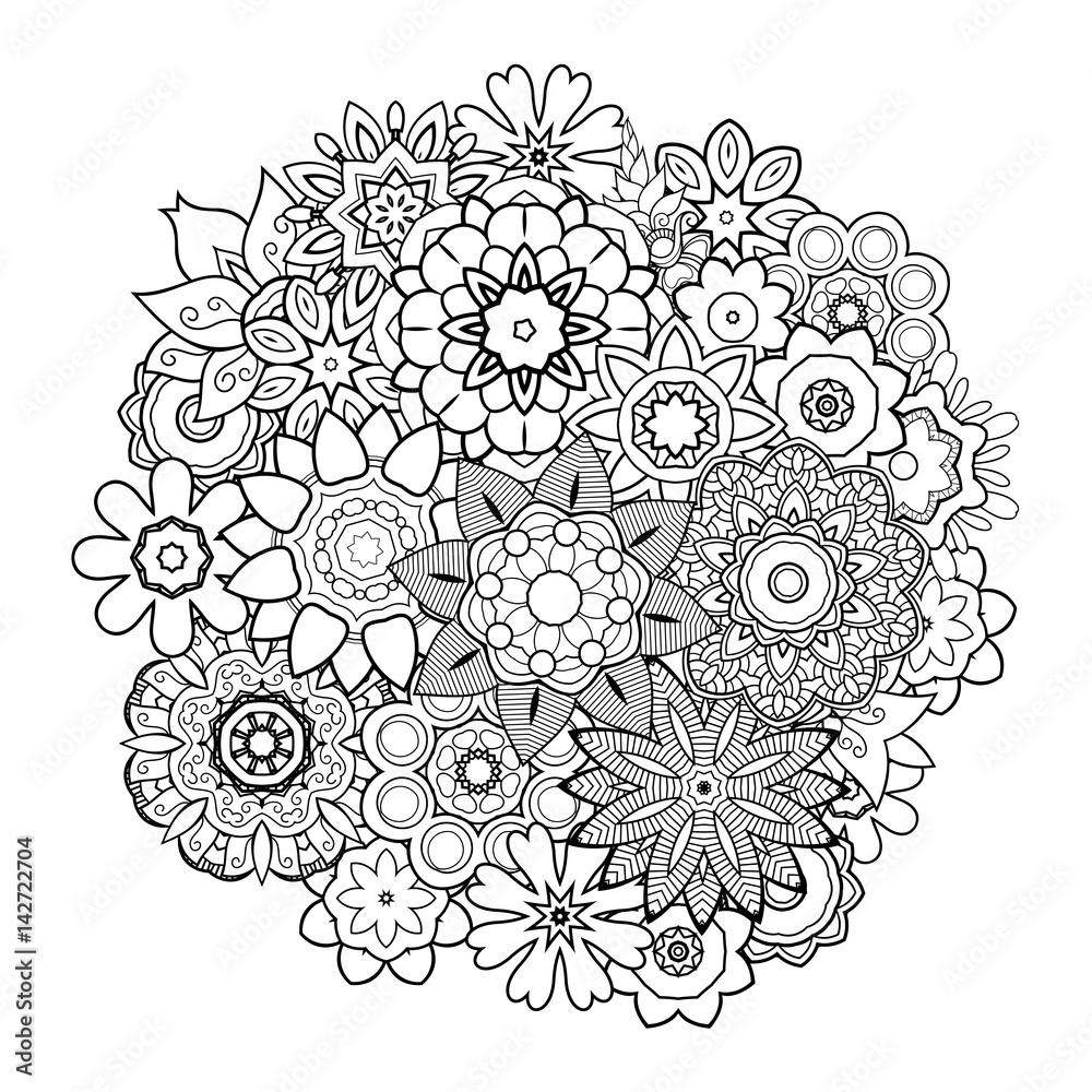Plakat Vector Monochrome Background With Abstract Flowers. Circle floral ornament. Hand Drawn Contour Lines