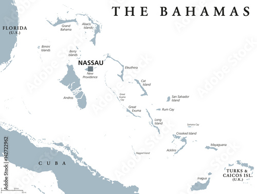 The Bahamas political map with capital Nassau. Commonwealth and archipelagic state within the Lucayan Archipelago in the Atlantic Ocean. Gray illustration on white background. English labeling. Vector