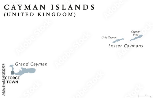 Cayman Islands political map with capital George Town. British Overseas Territory. Three islands in the western Caribbean Sea. Gray illustration isolated on white background. English labeling. Vector.