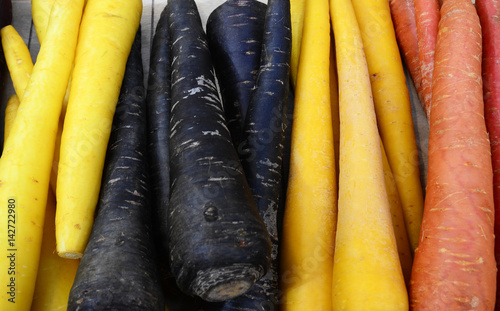 Yellow, black, orange and red carrots. Colorful carrots contain abundant of nutrients and anthocyanin. photo