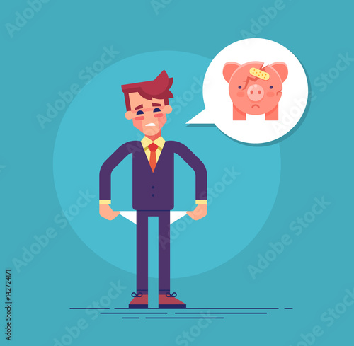Frustrated pained businessman turns out his empty pockets. Broken money box icon. Modern flat vector illustration.
