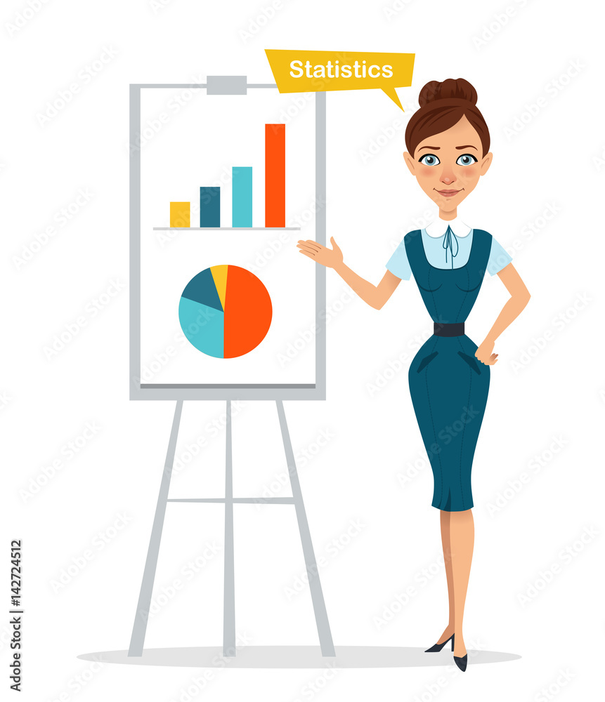 Woman stands near flipchart with chart, diagram. Statistics. Business character. Woman stands near flipchart with chart, diagram. Statistics. Business character.