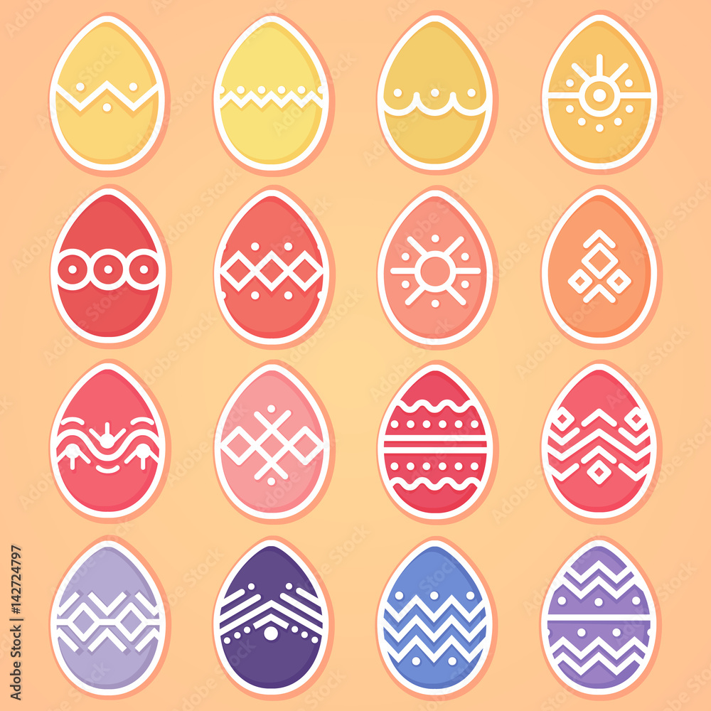 Set of easter eggs, flat colorful bright with geometric patterns isolated on gradient background, linear vector. White lines and points with shadows. Set of easter eggs, flat colorful bright with geometric patterns isolated on gradient background, linear vector. White lines and points with shadows.