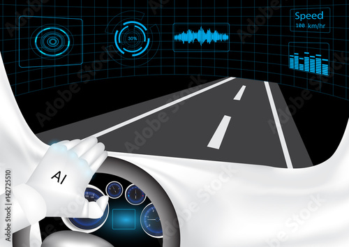 An artificial Intelligence robot is driving a car in the experimental laboratory.