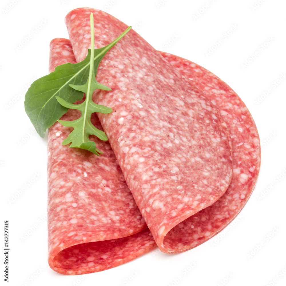 Salami smoked sausage slices isolated on white background Salami smoked sausage slices isolated on white background