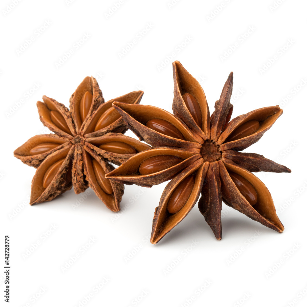 Star anise spice fruits and seeds isolated on white background closeup Star anise spice fruits and seeds isolated on white background closeup