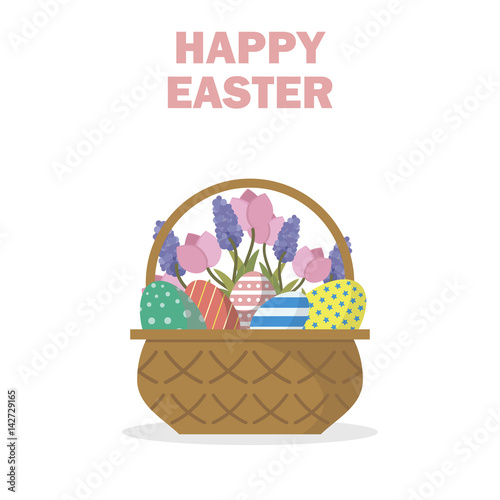 Happy Easter greeting card / decor / congratulations in flat style. Basket full of colored Easter eggs and spring flowers on white background. Flat, vector, isolated, EPS10.