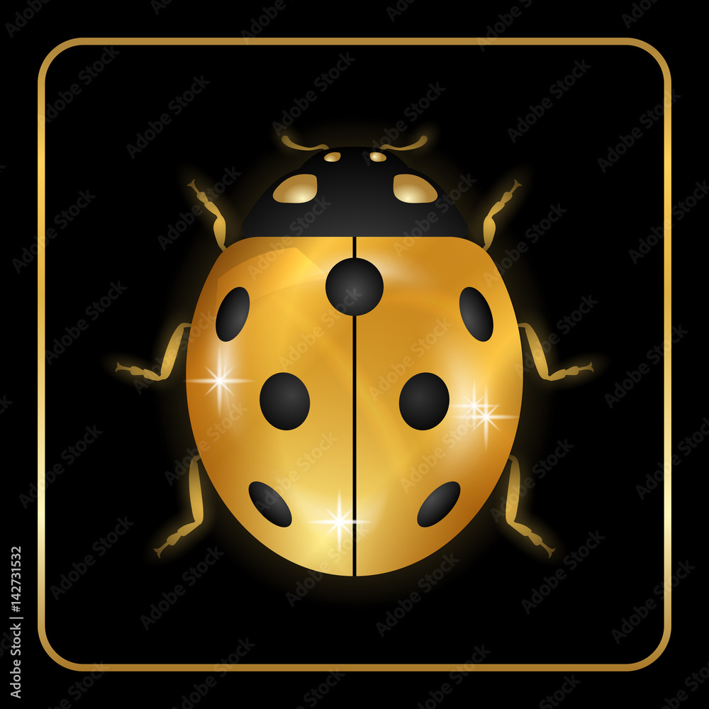 Ladybug gold insect small icon. Golden lady bug animal sign, isolated on black background. 3d volume design. Cute jewelry ladybird design. Cartoon lady bird closeup beetle. Vector illustration Ladybug gold insect small icon. Golden lady bug animal sign, isolated on black background. 3d volume design. Cute jewelry ladybird design. Cartoon lady bird closeup beetle. Vector illustration