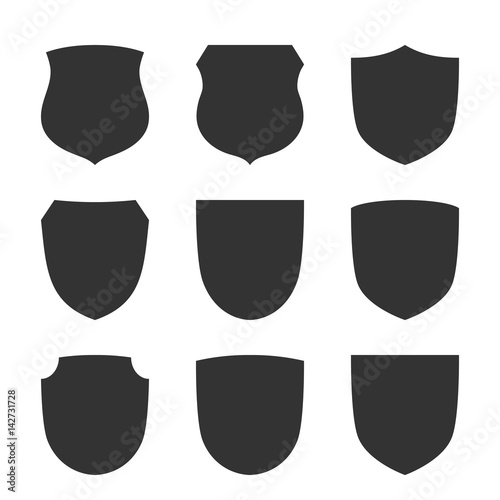 Shield shape icons set. Black label signs, isolated on white background. Symbol of protection, arms, security, safety. Flat retro style design. Element vintage heraldic emblem. Vector illustration