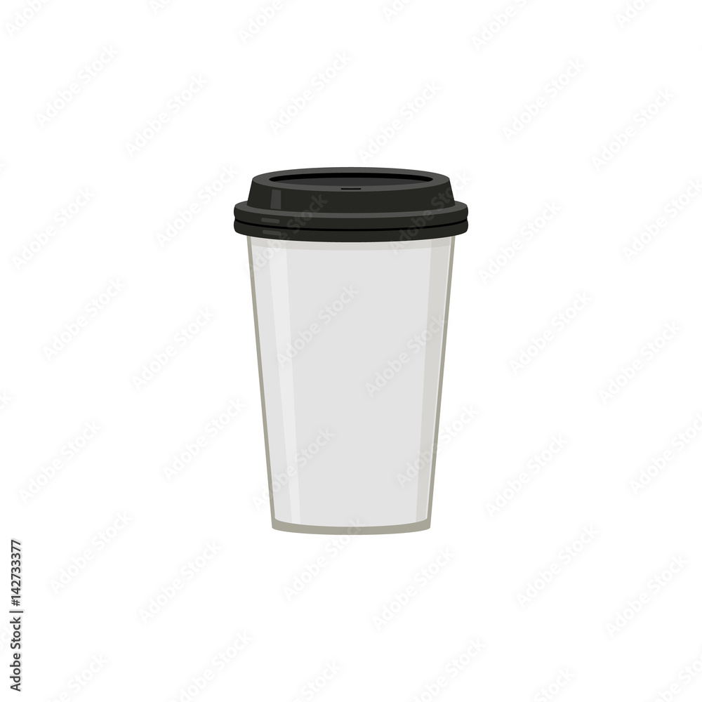 White cup with black lid. For coffee, espresso, latte, cappuccino. Abstract concept. Vector illustration on white background. White cup with black lid. For coffee, espresso, latte, cappuccino. Abstract concept. Vector illustration on white background.