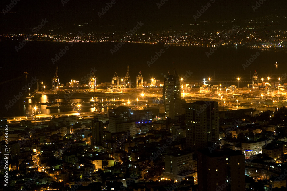 Israel, Haifa Bay, night panoramic view.