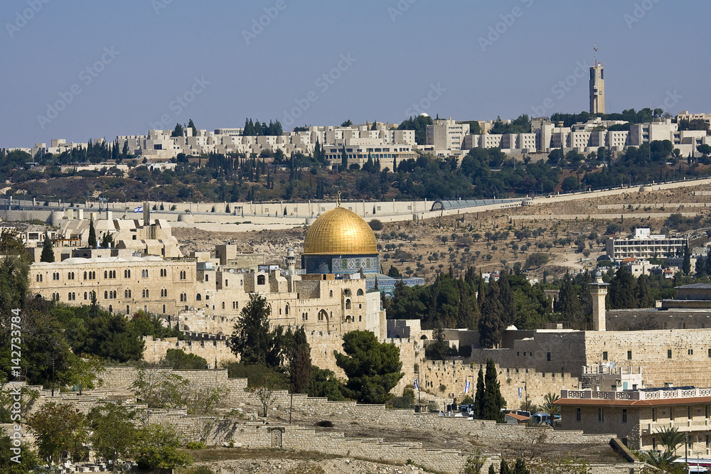 Gold cupola of the mosque of Omar on The Temple mountain in Jerusalem