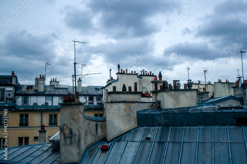 Detail of typical Paris rooftops during a cloudy afternoon of autumn, in France.