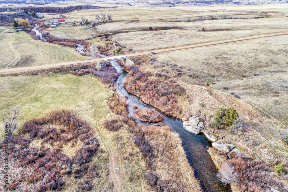 river at Colorado foothills - aerial view