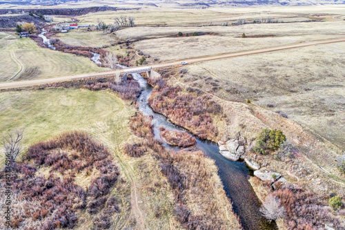 river at Colorado foothills - aerial view