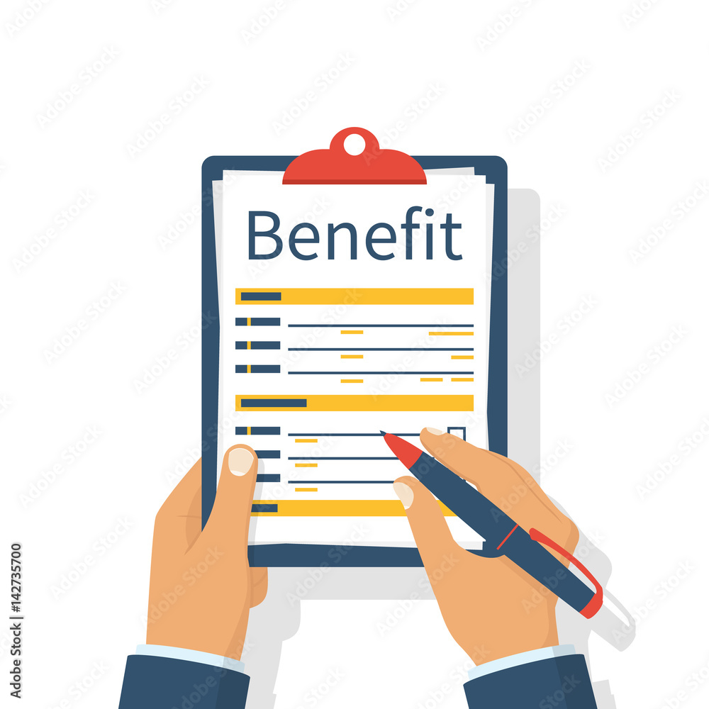 Benefit concept. Man holds a clipboard and writes. Pen in hand. Vector illustration, flat design. Template for text. Benefit concept. Man holds a clipboard and writes. Pen in hand. Vector illustration, flat design. Template for text.
