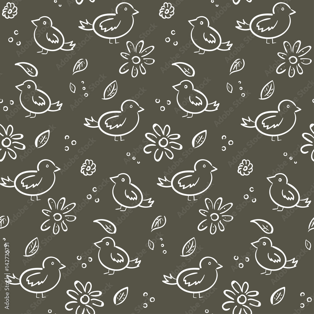 Cute monochrome pattern with birds and flowers Cute monochrome pattern with birds and flowers