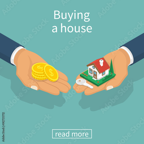 Buying house. Agent of real estate holding in hand house, key. Buyer, customer gives gold coin. Deal sale and purchase of real, concept. Vector illustration flat isometric design. Money home.