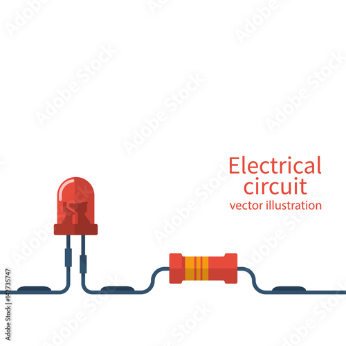 Electrical circuit template. Electronics repair, service center, workshop banner. Red LED and resistor connected to the circuit. Vector illustration flat design. Isolated on white background.