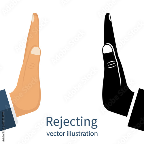 Set of hand rejection gestures. Flat style and black silhouette, isolated on white background. Template of design. Pictogram hand. Vector illustration. No sign.