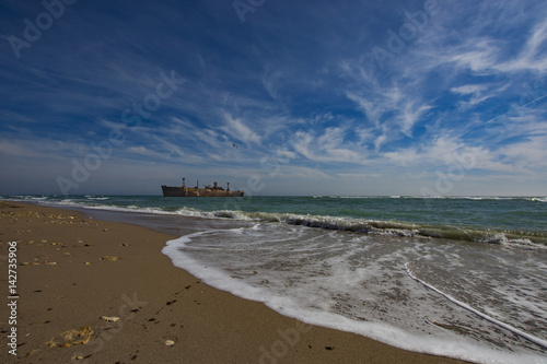 Panoramic view of Black Sea  and famous wreck Evangelina in a spring day