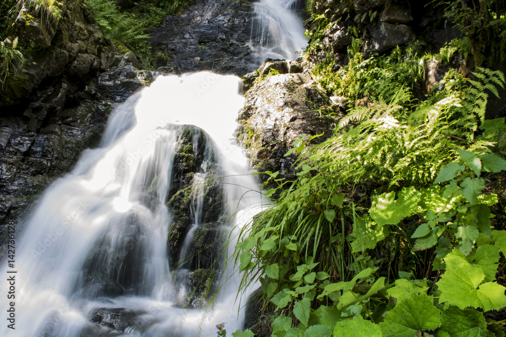Naklejka premium Waterfall on mountain river in Carpathian Mountains , Romania