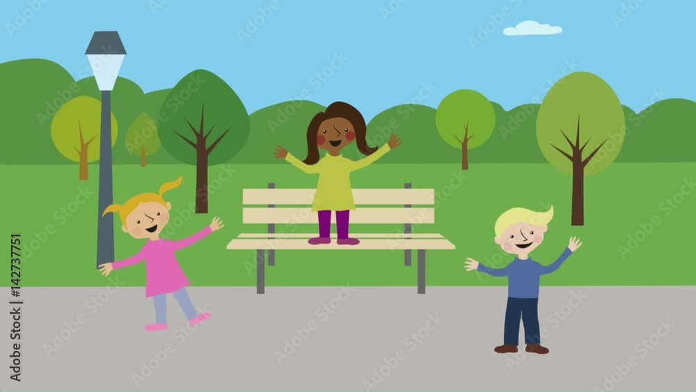 Children having fun in park. Animated character with flat design. Concept of childhood games and playing outdoors. Children having fun in park. Animated character with flat design. Concept of childhood games and playing outdoors.