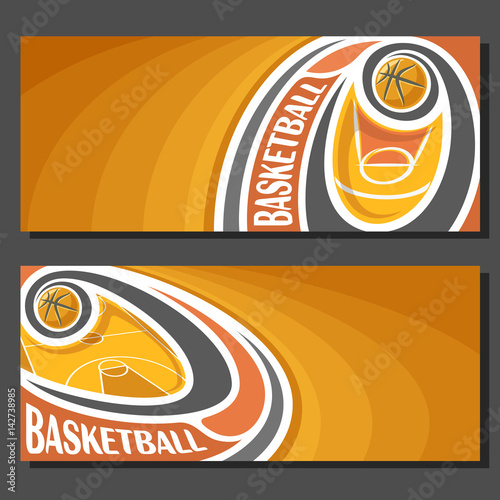 Vector banners for Basketball game: thrown basketball ball flying on curve trajectory above sport court, 2 tickets to sporting tournament with empty field for title text on orange abstract background.