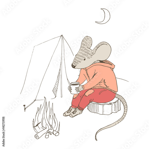 Vector illustration. Humanized animal. The mouse in a jacket and pants sits with a mug in the paws.Overnight in a hike in front of a fire and with a tent