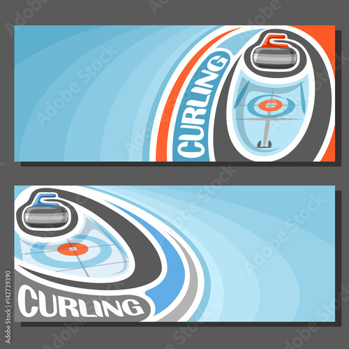 Vector banners for Curling game: granite stone sliding on curve trajectory of ice rink in circle target, 2 tickets to sporting tournament with empty field for title text on blue abstract background.