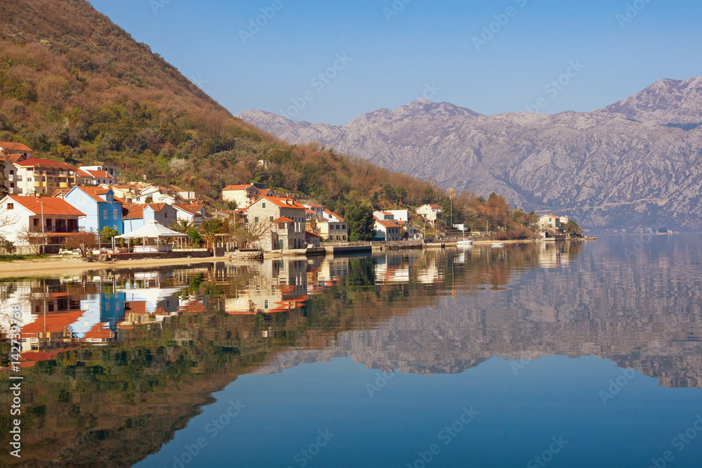Bay of Kotor near seaside Prcanj town on a sunny spring day. Montenegro