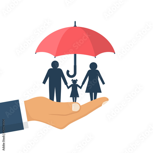 Family protection. Insurance concept. Vector illustration flat design. Isolated on white background. Paper chain people. Agent hold umbrella hand protects the family. Health care, safety. helping.