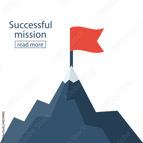 Red flag on mountain peak. Successfull mission icon business concept. Vector illustration flat. Isolated on background. Goal achievement. Symbol of victory, winning. 