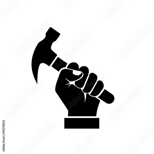 Hand holding hammer silhouette. Black icon isolated on white background. Vector illustration flat design style. Symbol of working. Pictogram tool. Can be like a logo, print.