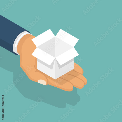 Opening gift holding in hand of men. Give, presenting gift. Vector illustration isometric flat design. Isolated on background. Template for objects, elements. White empty paper box. Mail delivery.