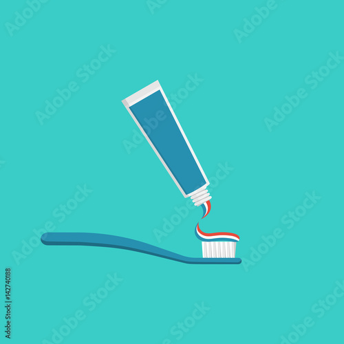 Toothbrush and paste icon isolated on background. Vector illustration flat design. Hygiene of the mouth. Color striped paste. Teeth protection. Dental concept.