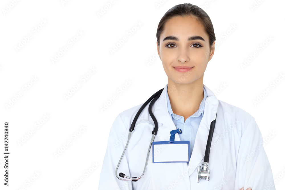 Cheerful smiling female doctor isolated over white background. Latin american or Hispanic young woman Cheerful smiling female doctor isolated over white background. Latin american or Hispanic young woman