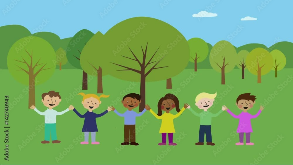 Children having fun in park. Animated character with flat design. Childhood friends holding hands. Children having fun in park. Animated character with flat design. Childhood friends holding hands.