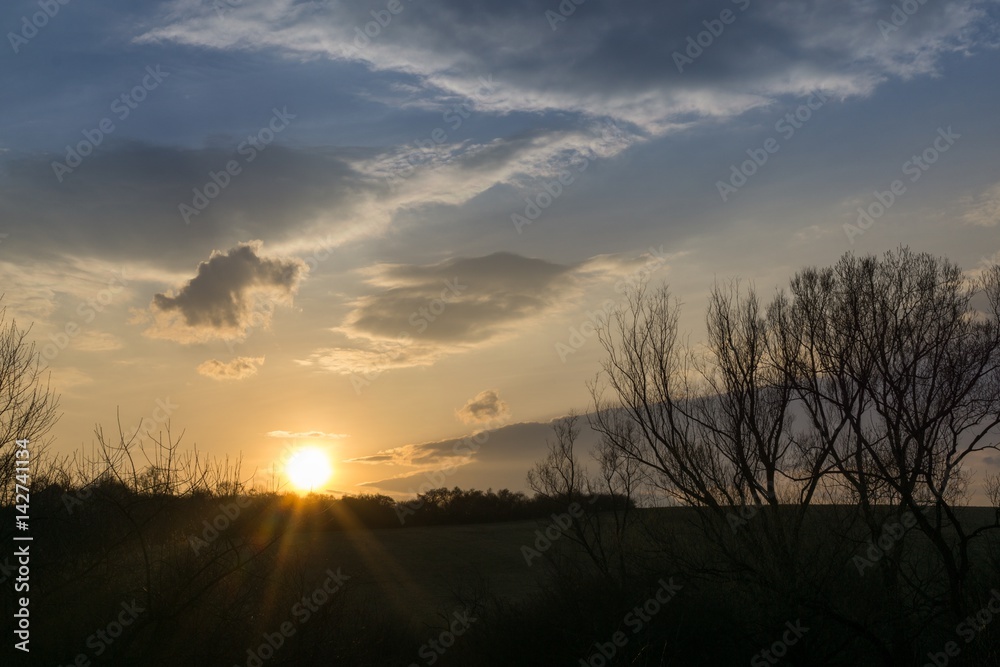 Sunset on meadow with hills and tree. Slovakia Sunset on meadow with hills and tree. Slovakia