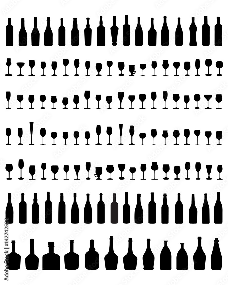 Black silhouettes of bowls, bottles and glasses, vector Black silhouettes of bowls, bottles and glasses, vector