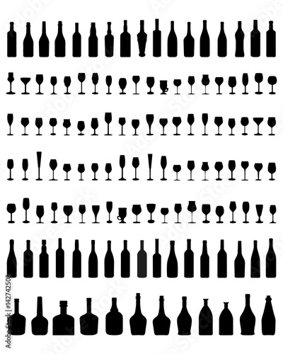 Black silhouettes of bowls, bottles and glasses, vector