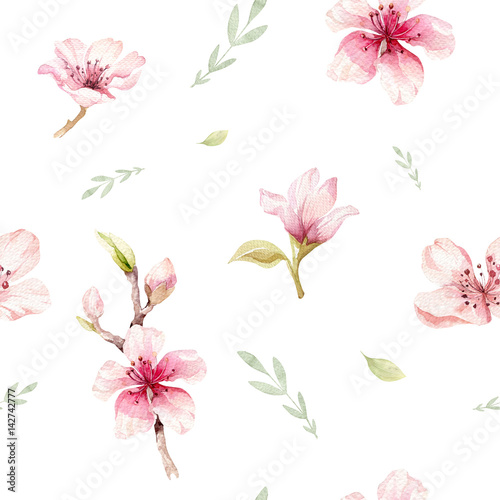 Watercolor seamless wallpaper with blossom cherry flowers, branch and leaves, bohemian watercolour decoration pattern. Design for invitation, wedding or greeting cards