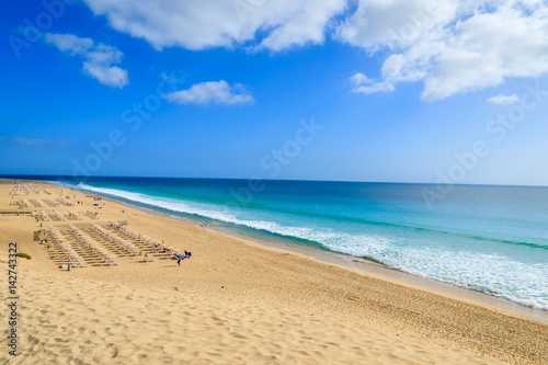 Beautiful sand beach in Morro Jable town on Jandia peninsula  Fuerteventura  Canary Islands  Spain