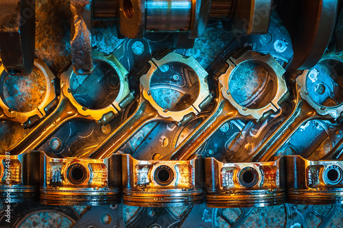 Pistons. Garage auto repair service background.