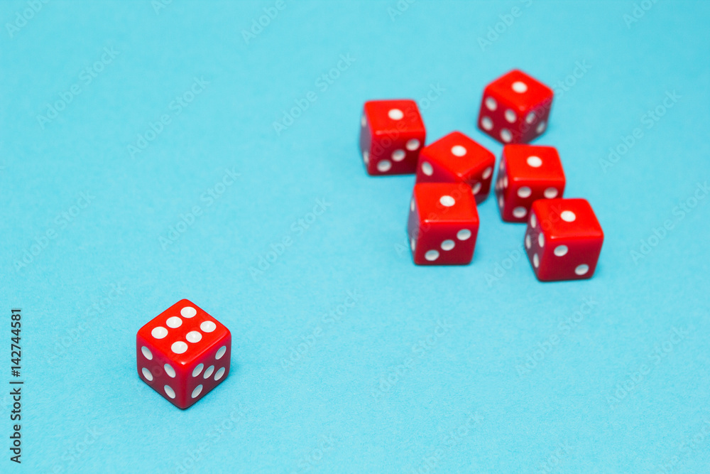 Red dice on a blue background, success and failure. Red dice on a blue background, success and failure.