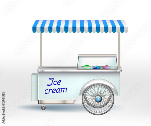 White and blue ice cream cart. Food truck Vector illustration. Shop on wheels with the goods

