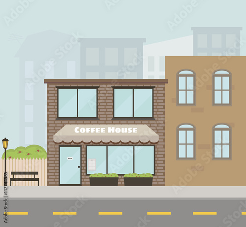 Vector facade of the house with coffee shop/cafe. Flat style. Vector illustration. EPS 10. 
