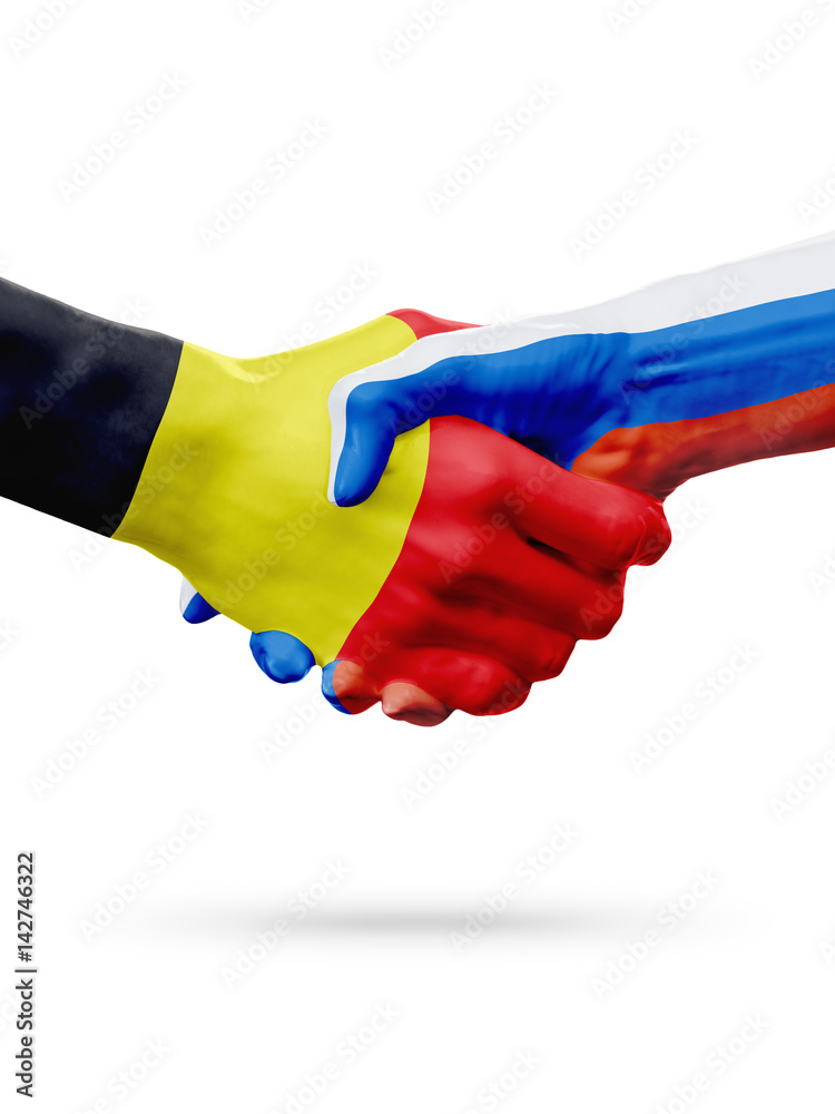 Flags Belgium, Russia countries, partnership friendship handshake concept. Flags Belgium, Russia countries, partnership friendship handshake concept.