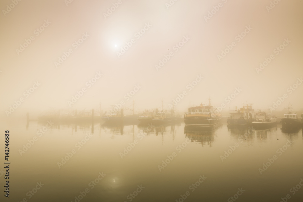 Fishing boats awaiting delayed departure in harbour due to heavy fog